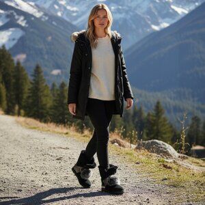 UGG Isley Shearling Lined Pom-Pom Black Shimmer Slip-On Tall Ankle Boot, Size 5